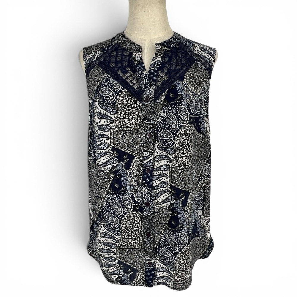 Collective Concepts Blouse Sleeveless Paisley‎ Navy Blue Lace Trim Top